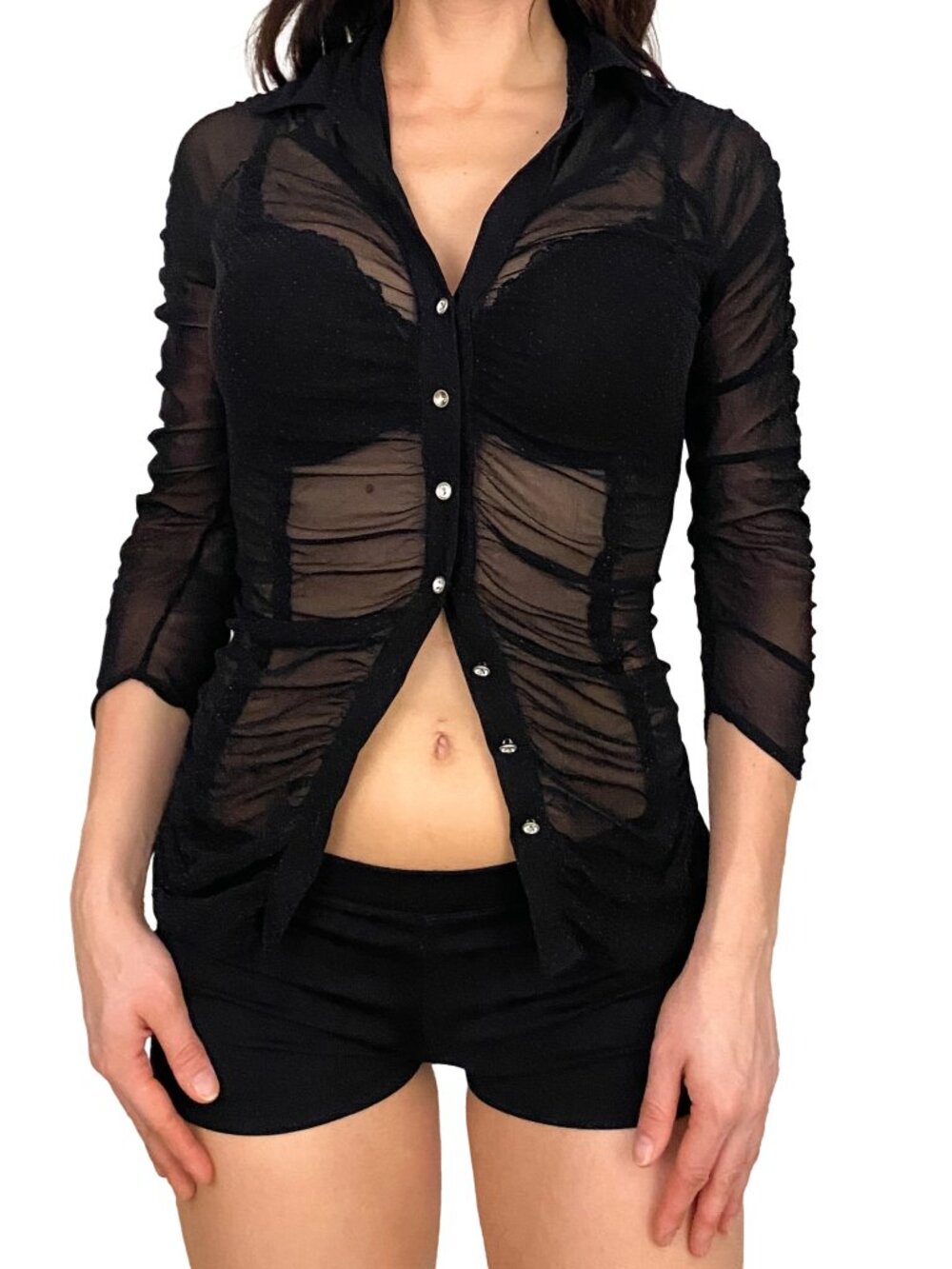 2000s black and white polka dot scrunchy mesh button down blouse by forever 21